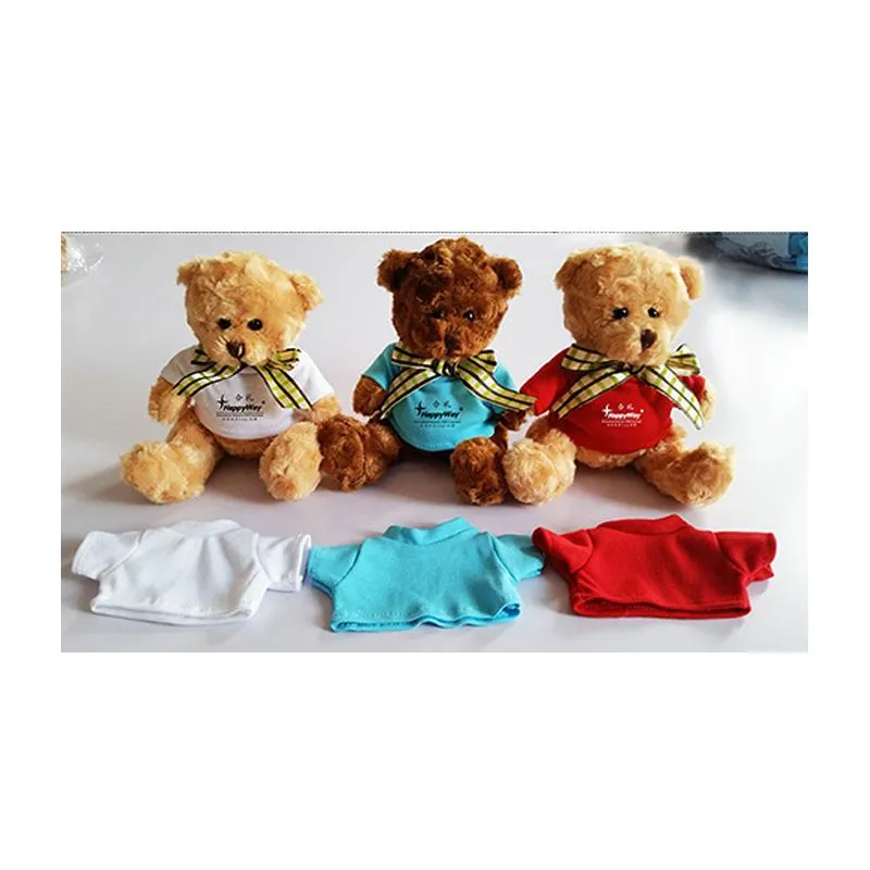 16cm Teddy Bear Plush Toy With T-Shirt And Checkered Ribbon