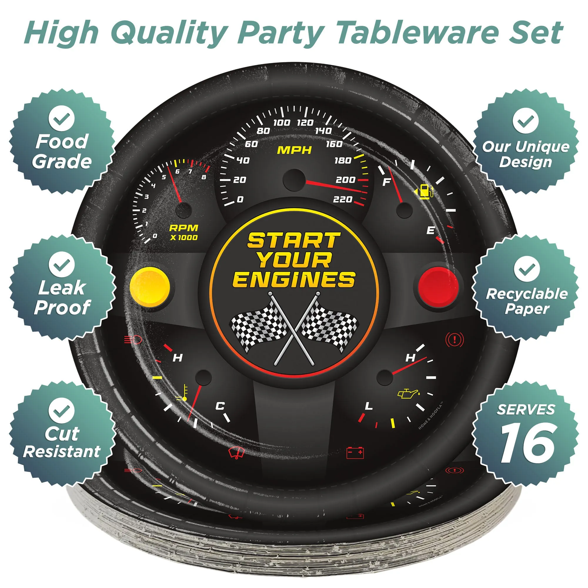 Race Party Supplies - Start Your Engines Round Paper Dinner Plates for 16 Guests